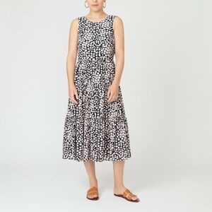 JCrew Midi Tiered Black Dress with White/Pink Poppy Flower Print Size Small Tall